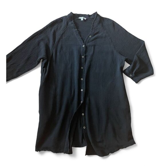 L Love Women's Black Button Down Shirt/ Dress/ Tunic Large Textured Two Pockets - Picture 3 of 10